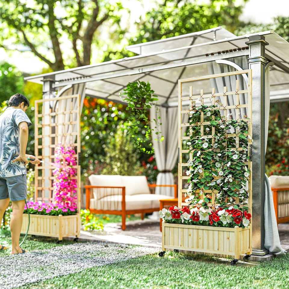 image 1 of Outsunny Wooden Trellis Planter, Raised Garden Bed with Wheels, Natural