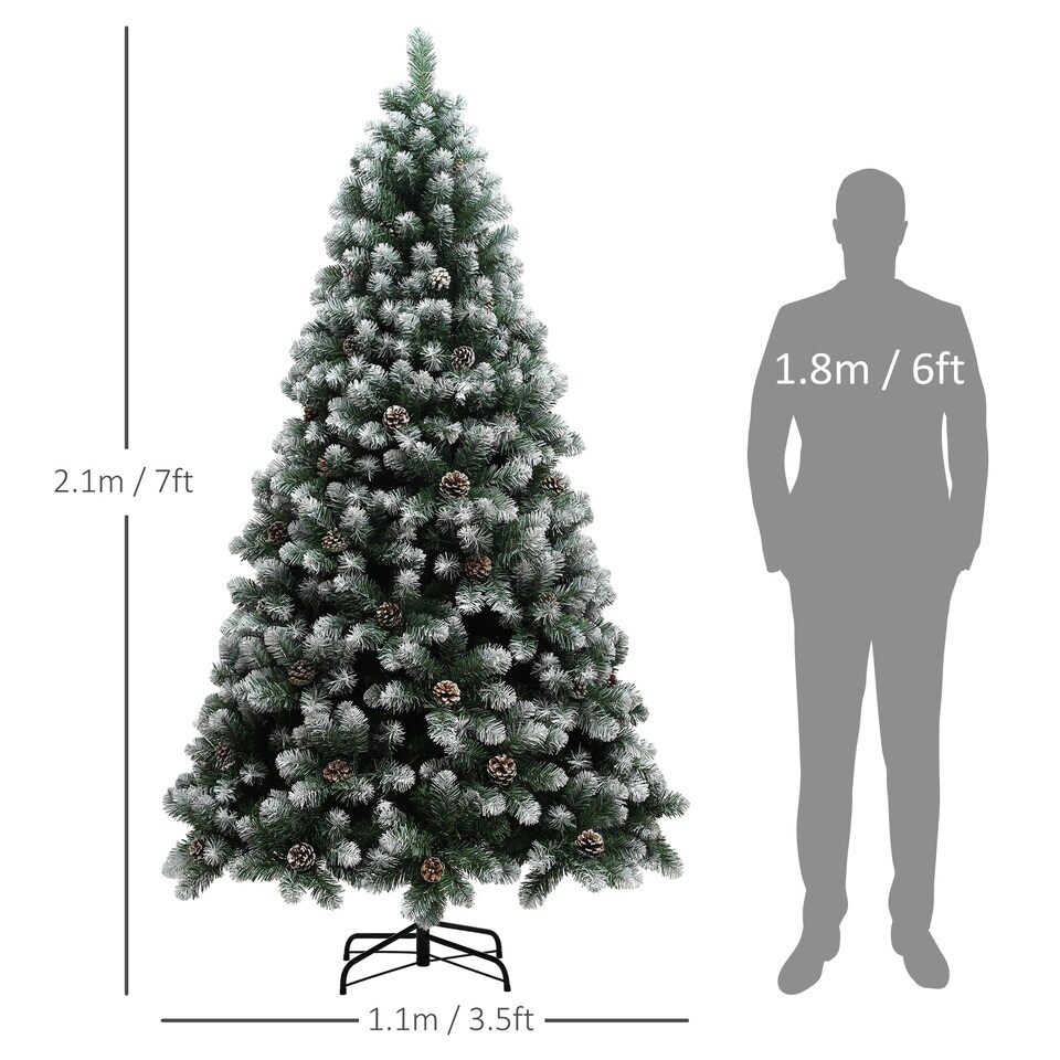 image 1 of HOMCOM 7ft Artificial Pine Christmas Tree with 1152 Branch Tips and Steel Base, Realistic Hinged Tree with Pinecones, Holiday Decor for Home Office, Green