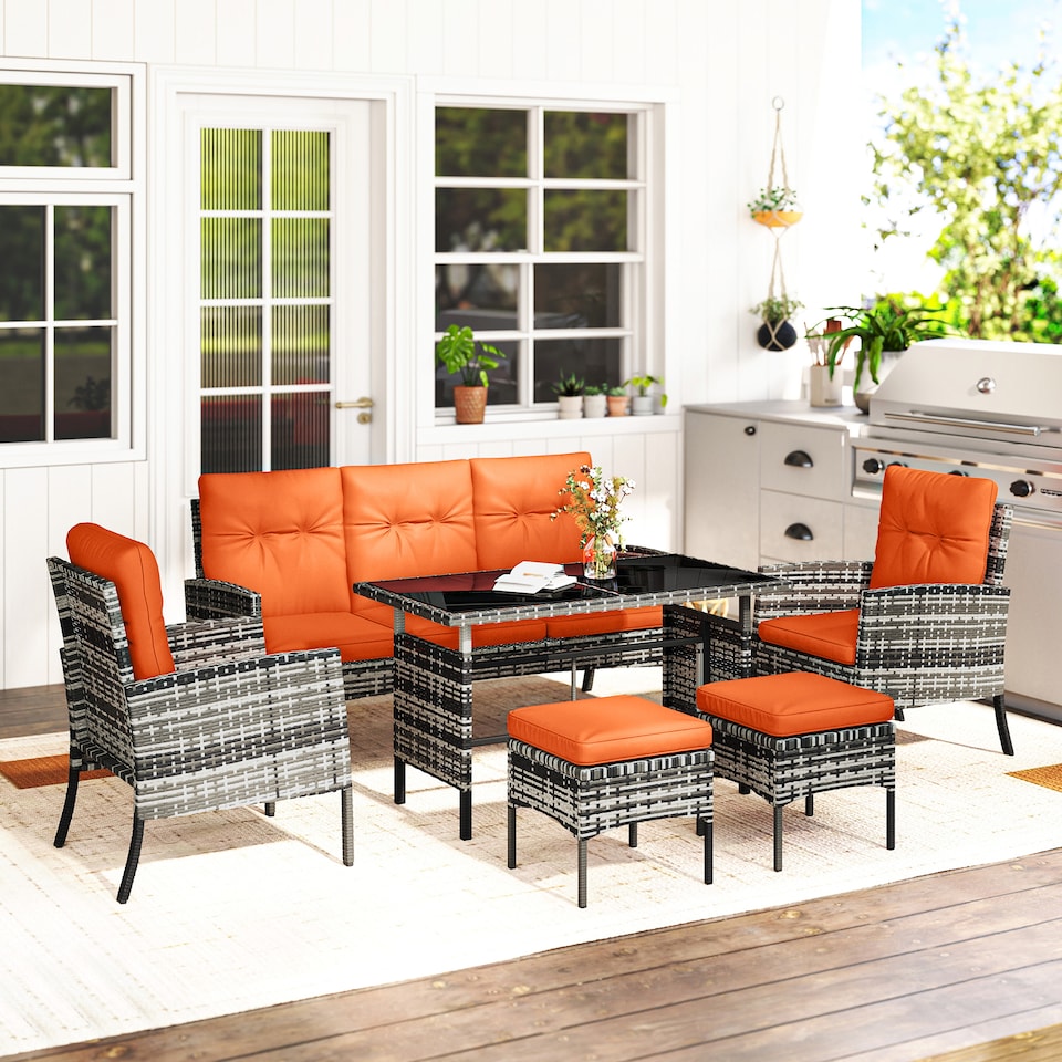image 1 of Outsunny 6 Pieces Rattan Garden Furniture Sofa Set with Cushions, Orange | Orange | Orange