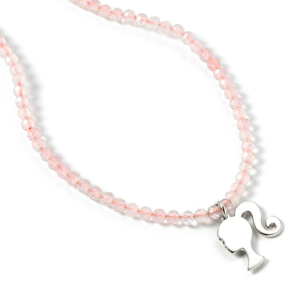 image 1 of Barbie Sterling Silver Silhouette Charm on a Rose Quartz Bead Necklace