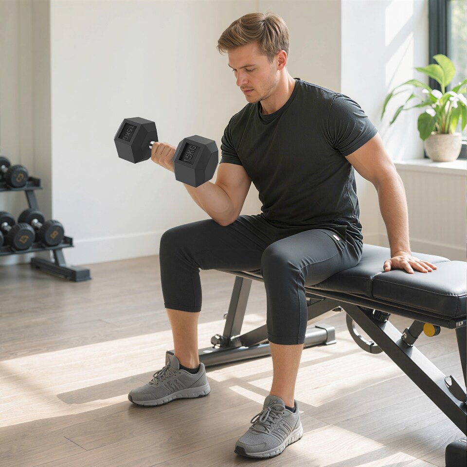 image 1 of HOMCOM 15KG Single Rubber Hex Dumbbell Portable Hand Weights for Home Gym