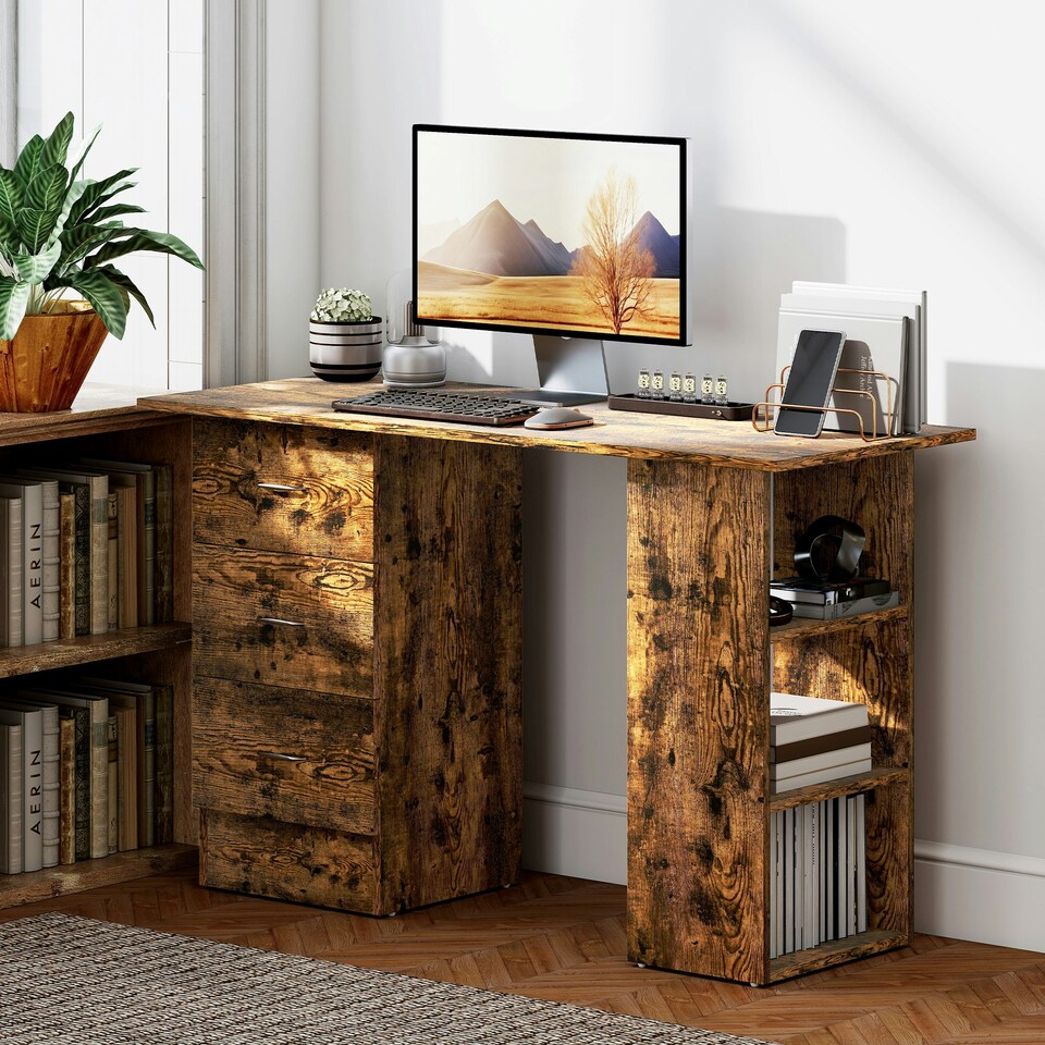 image 1 of HOMCOM 120cm Computer Desk, Study Table with 3 Shelf & Drawers, Rustic Brown | Brown | Rustic | 120W x 49D x 72H cm
