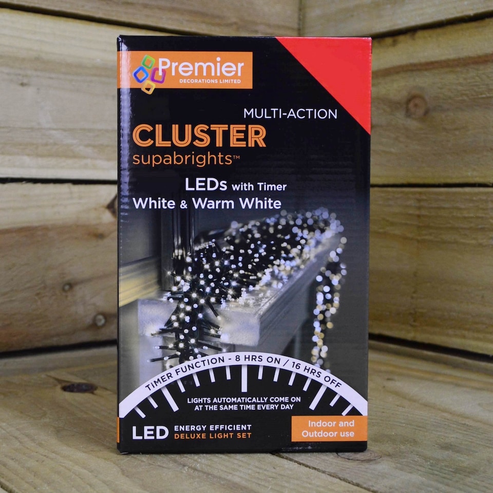 image 1 of 2000 LED 25m Premier Clusterbrights Indoor Outdoor Multifunction Mains Operated Christmas Cluster Lights with Timer in Cool & Warm White Mix