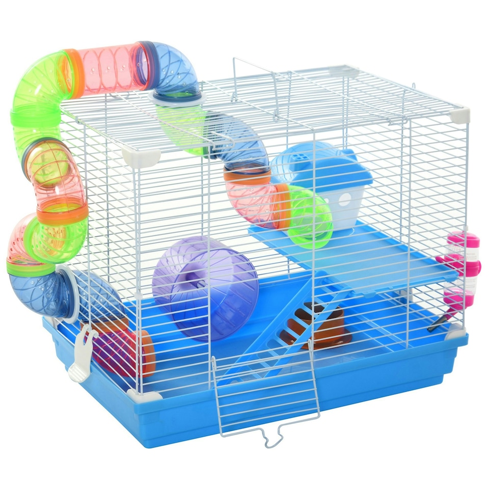 image 1 of Pawhut Hamster Cage Carrier Small Animal House w/ Exercise Wheels Tunnel Tube