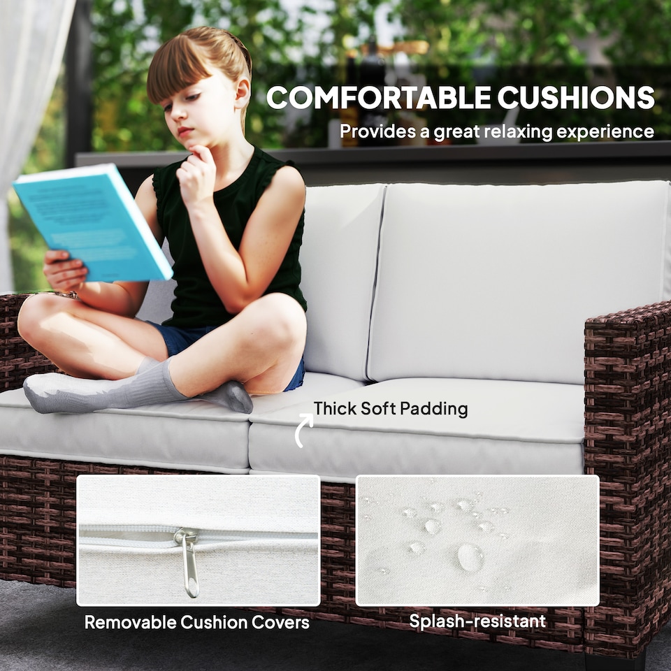 image 1 of Outsunny 2 Seater Rattan Sofa with Cushions, Wicker Garden Loveseat with Armrests, Outdoor Garden Sofa Couch with Steel Frame for Balcony, Porch, Brown