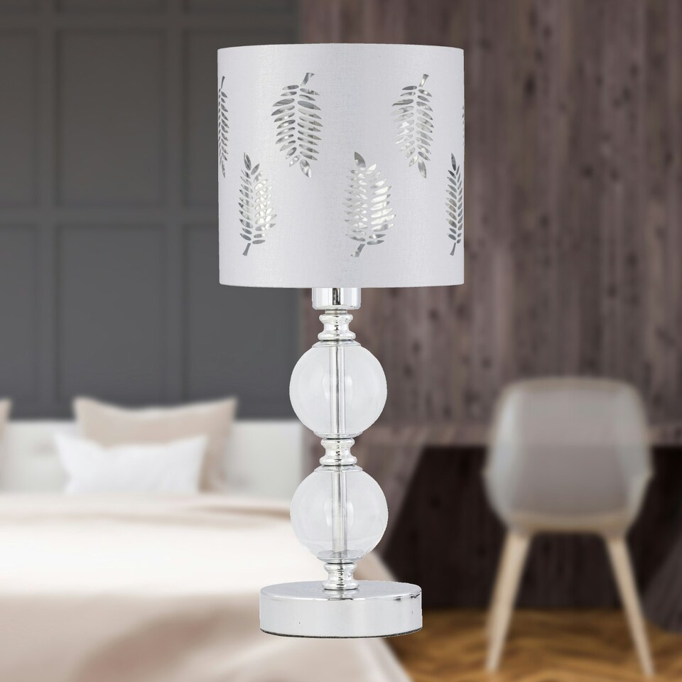 image 1 of Set of 2 Chrome Two Ball Table Lamps with White Fern Shades Chrome | White
