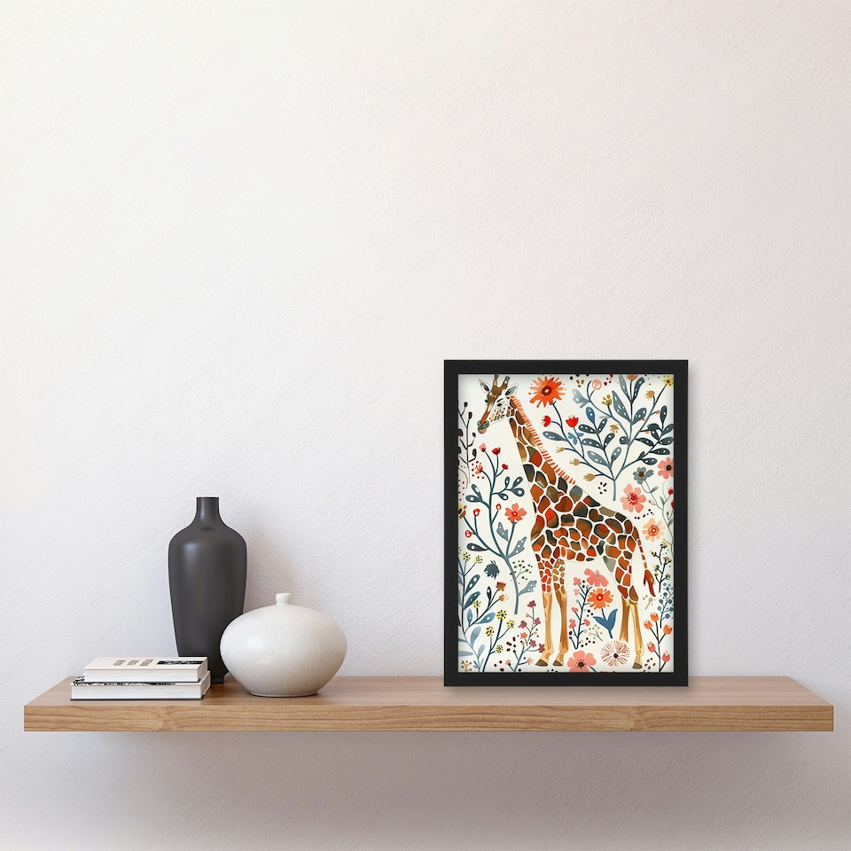 image 1 of Giraffe with Wildflowers Watercolour Folk Art Black Framed Wall Art Print A4