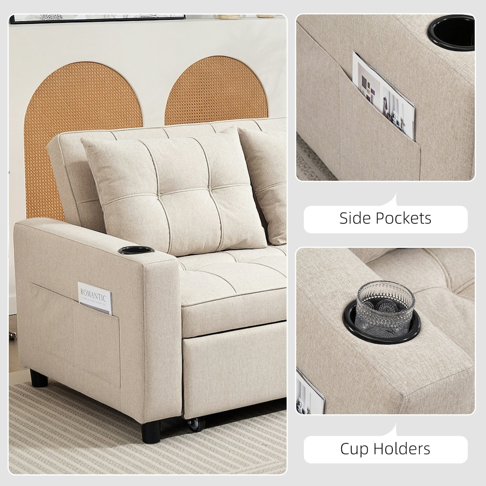image 1 of HOMCOM 2 Seater Pull Out Sofa Bed with Pockets for Living Room Beige
