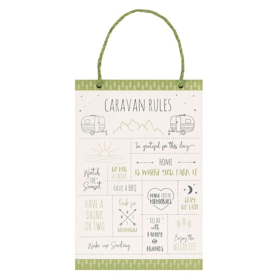 image 1 of Something Different Happy Camper Caravan Rules Hanging Sign - Evergreen/White - One Size