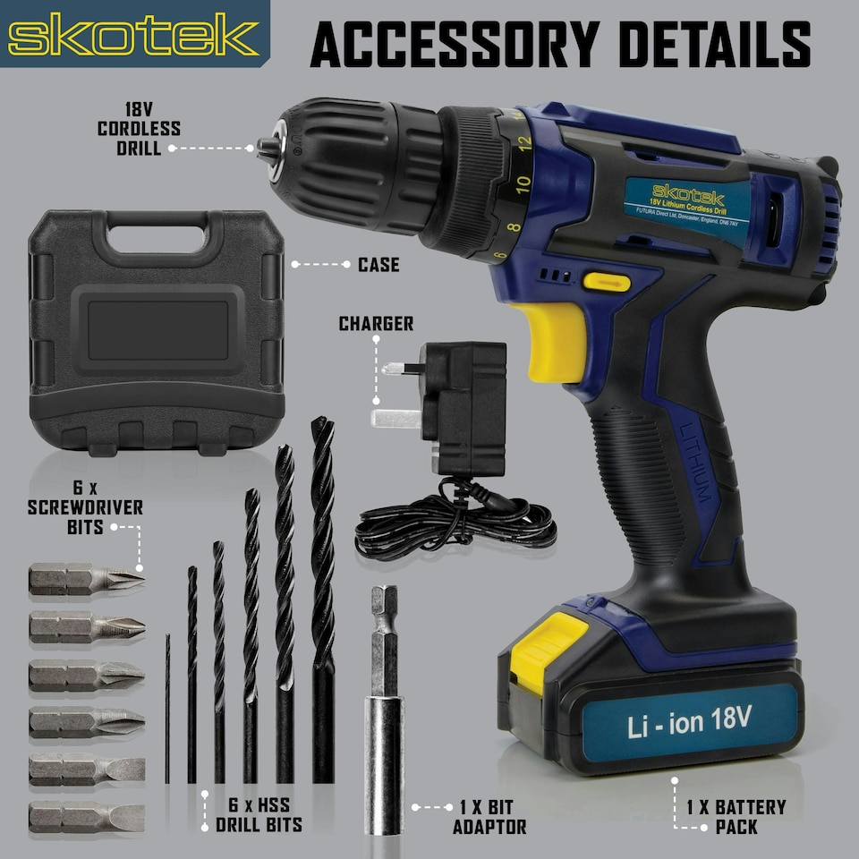 image 1 of Skotek 18V Cordless Drill & 13 Piece Screwdriver Set Including Battery, Charger & Carry Case