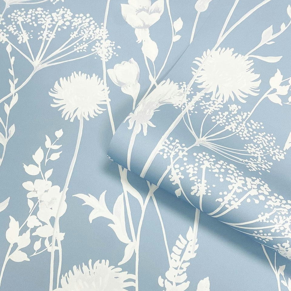 image 1 of Catherine Lansfield Meadowsweet Floral Blue Wallpaper Blue | Blue