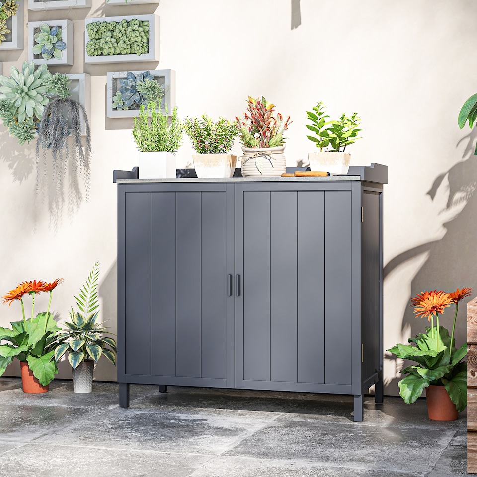 image 1 of Outsunny Wood Garden Storage Cabinet, Outdoor Tool Shed with Galvanised Top and Two Shelves, Potting Bench Table for Garden Tools or Pool Accessories, Grey