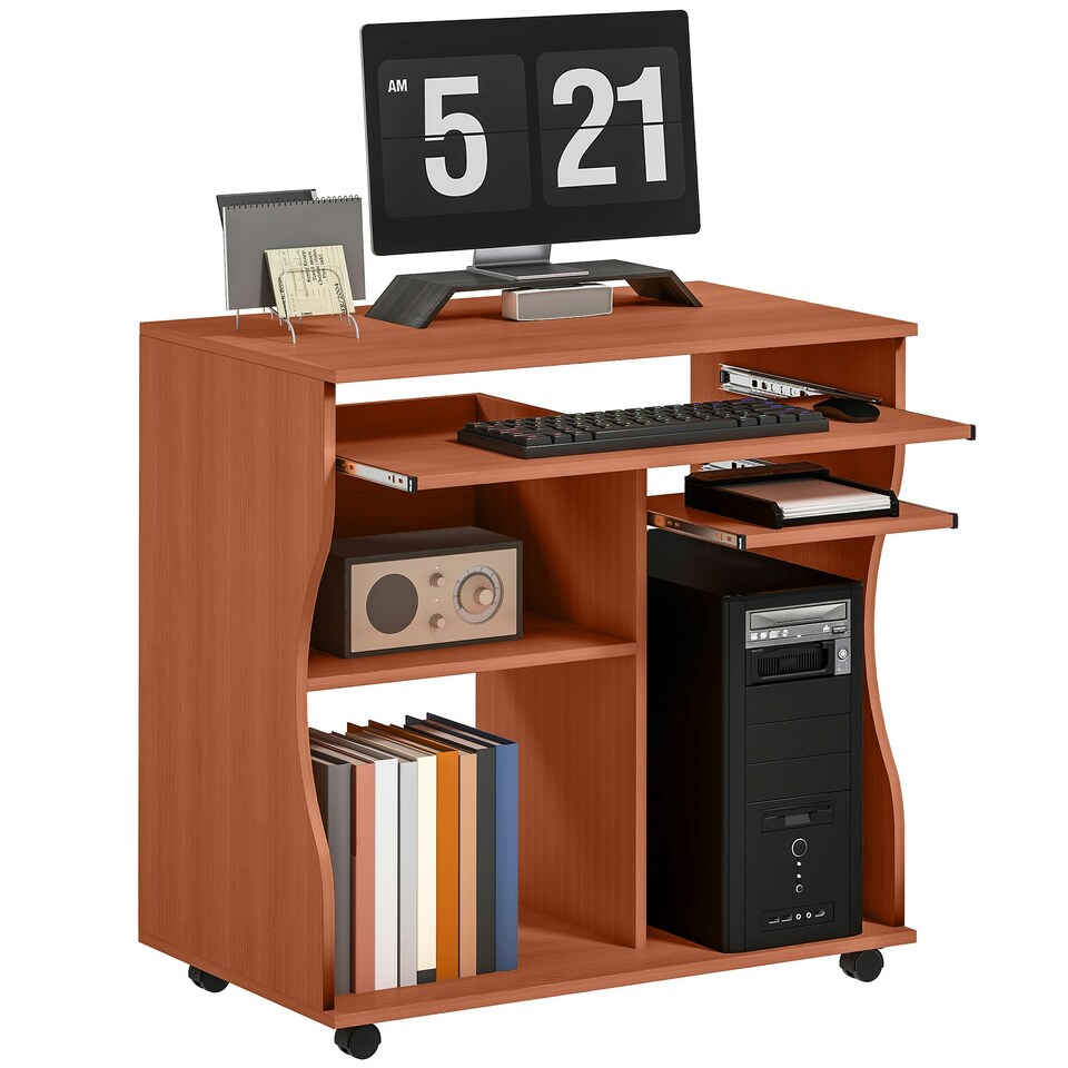 image 1 of HOMCOM Computer Table Study Desk with Sliding Keyboard Tray, Cherry Wood