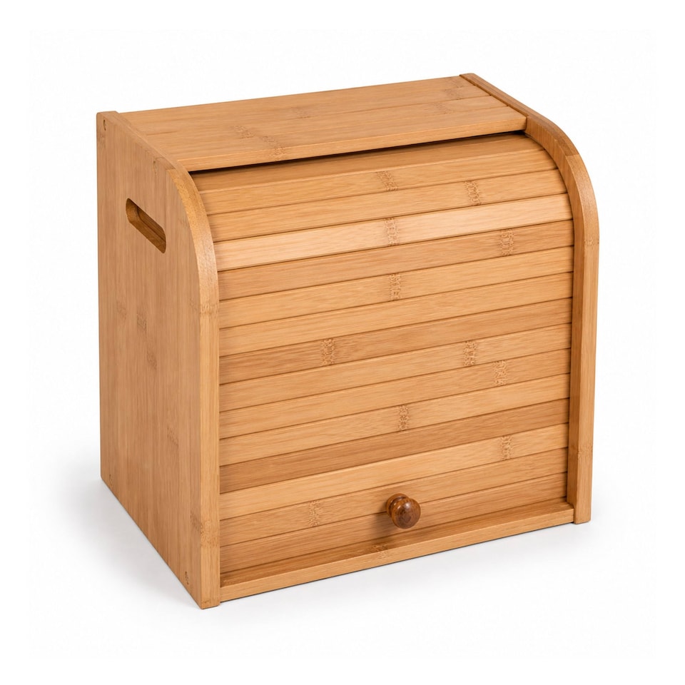 image 1 of Double Layer Roll Top Bamboo Wooden Bread Bin Kitchen Storage | Brown