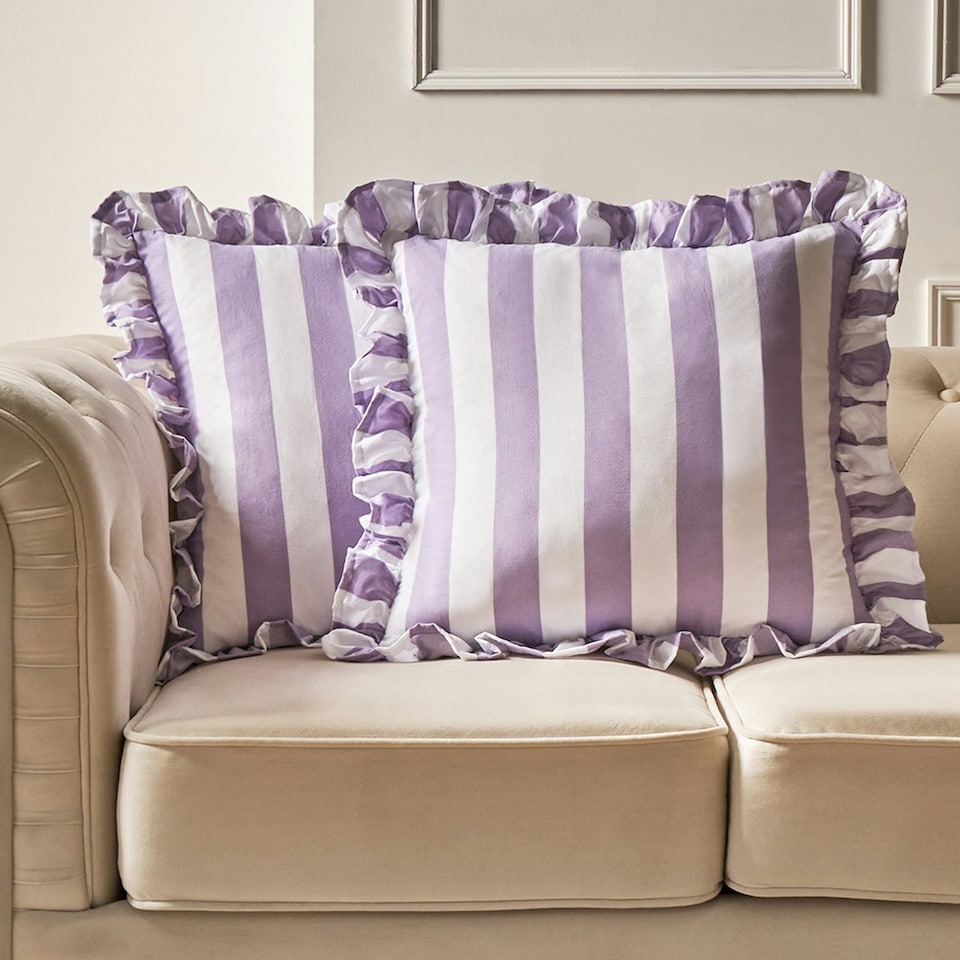 image 1 of OHS 2 Pack Stripe Frill Edge Soft Plush Cosy Cushion Covers Green | Sage