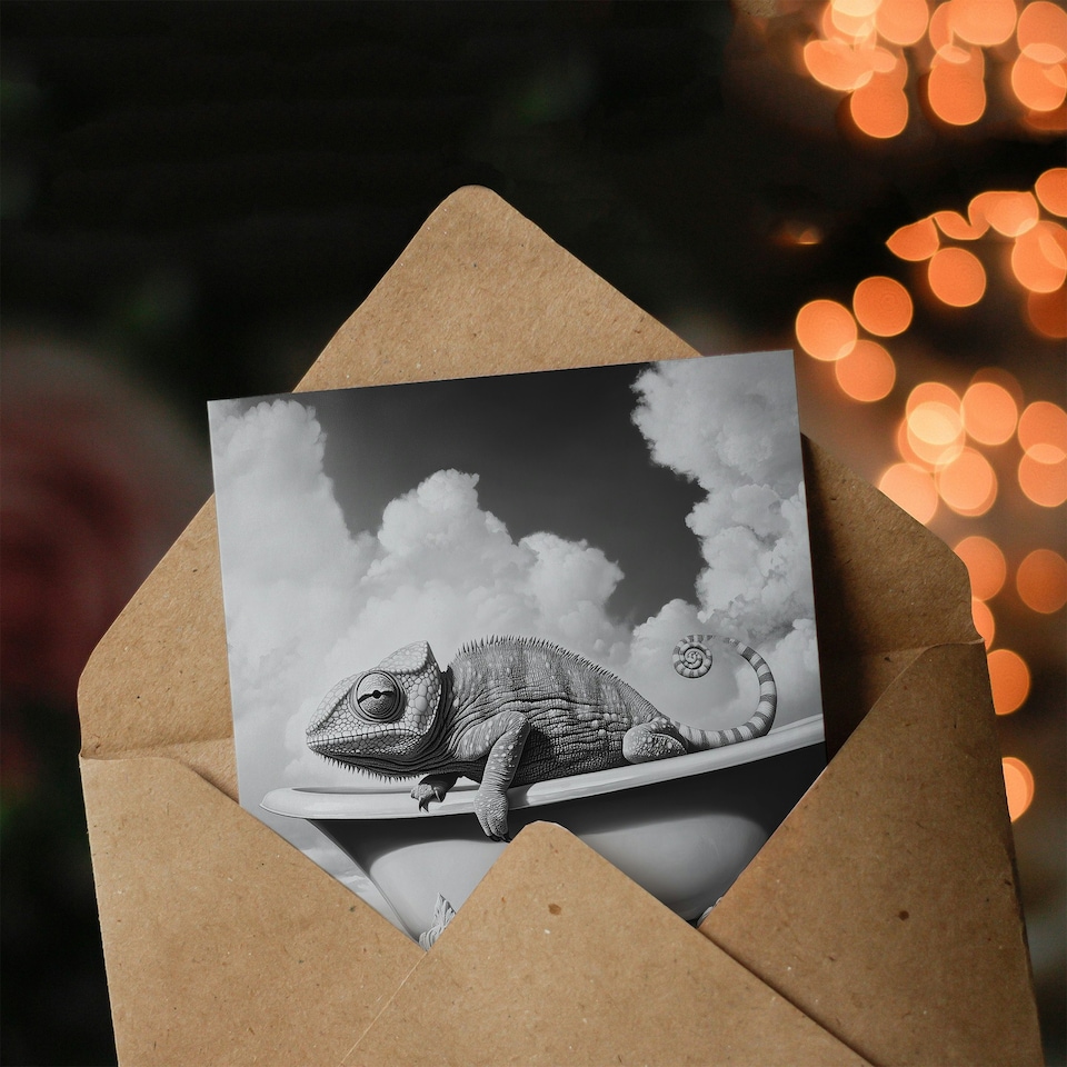 image 1 of Large Chameleon in Bathtub Black White Surreal Birthday Greeting Card