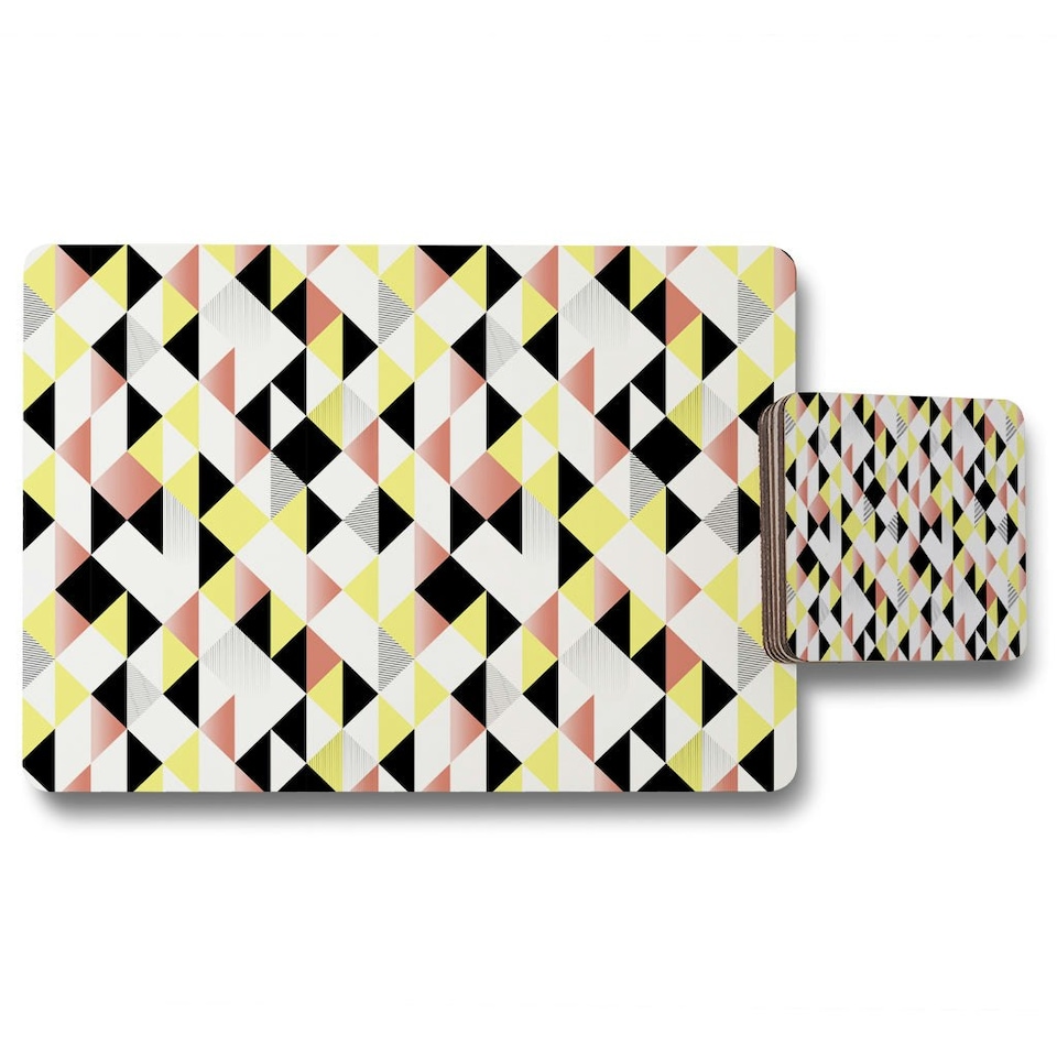 image 1 of Yellow, Pink & Black Geometric Pattern (Placemat & Coaster Set)