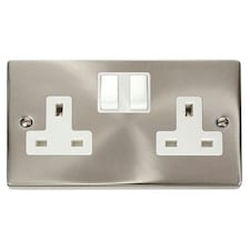 SE HOME Satin / Brushed Chrome 2 Gang 13A Twin Double Switched Plug Socket White | Satin Chrome