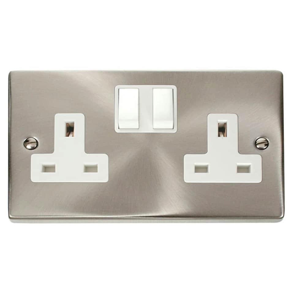 image 1 of SE HOME Satin / Brushed Chrome 2 Gang 13A Twin Double Switched Plug Socket White | Satin Chrome