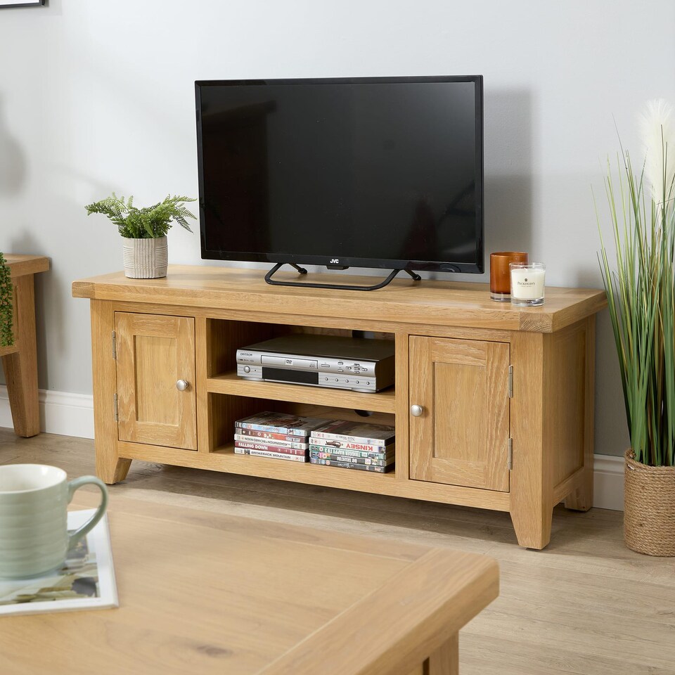 image 1 of 2 Doors 2 Shelves TV Stand Media Entertainment Storage Cabinet Wooden | Brown | Oak