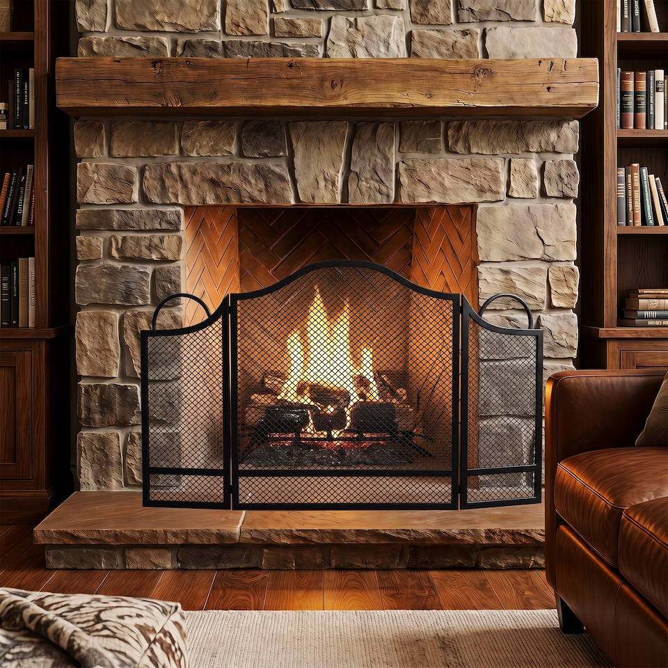 image 1 of HOMCOM Floral 3-Panel Folding Fireplace Screen for Protection, Black