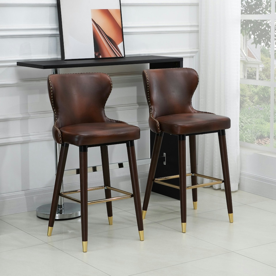 image 1 of HOMCOM Luxury Bar Stools Set of 2 with Back, PU Leather Upholstery, Brown