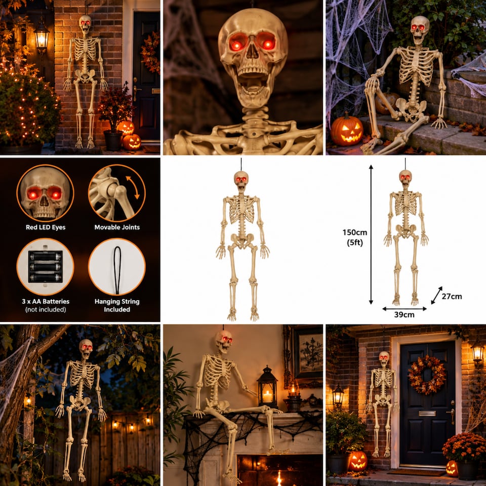 image 1 of 5ft (150cm) Posable Full Body Halloween LED Skeleton Decoration with Movable Joints and LED Eyes