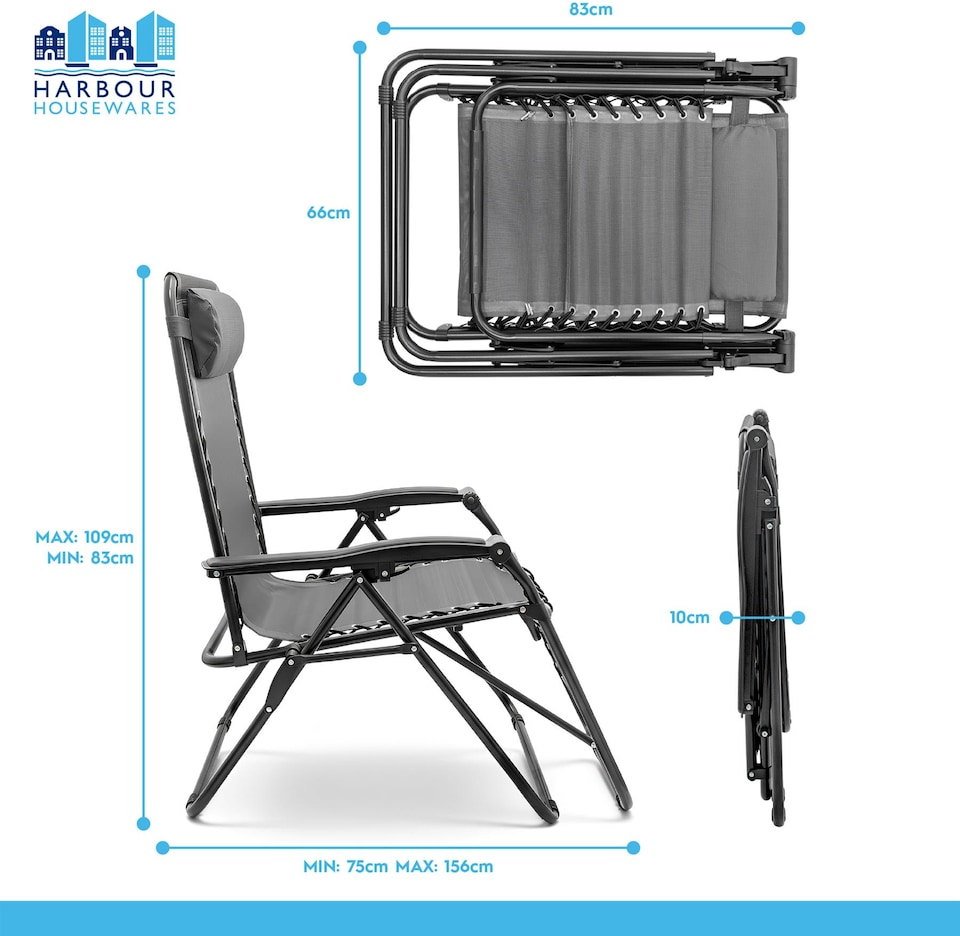 image 1 of Harbour Housewares Zero Gravity Chairs - Black - Set of 2 - Reclining Folding Garden Patio Beach Loungers with Cup Holders