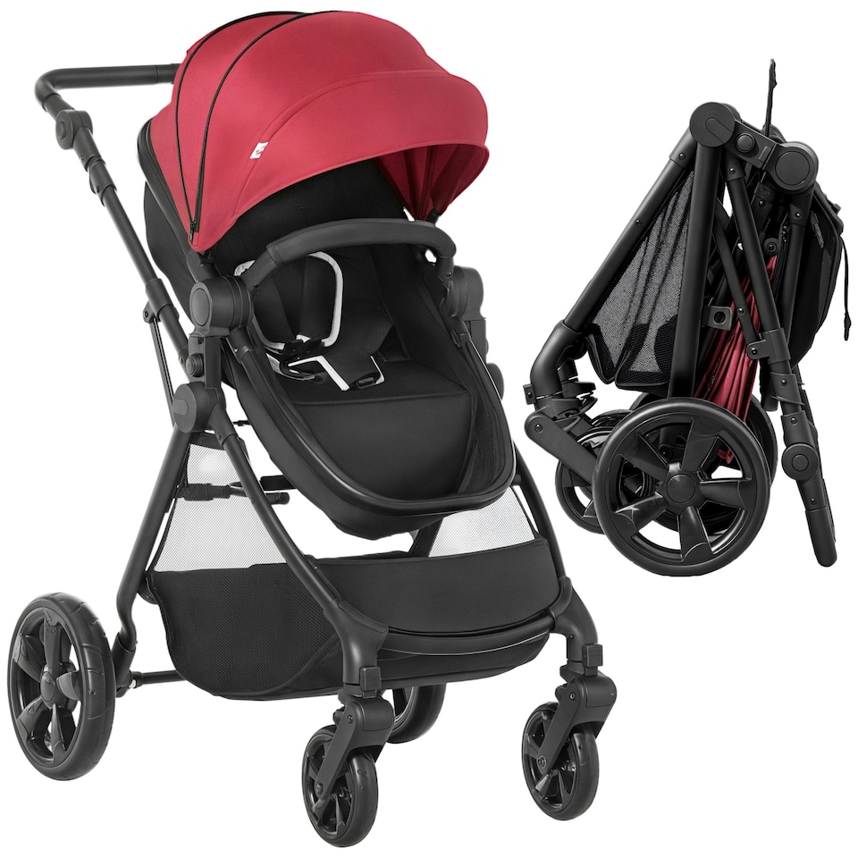 image 1 of HOMCOM 2 in 1 Pushchair Stroller w/ Reversible Seat Single Hand Foldable Red