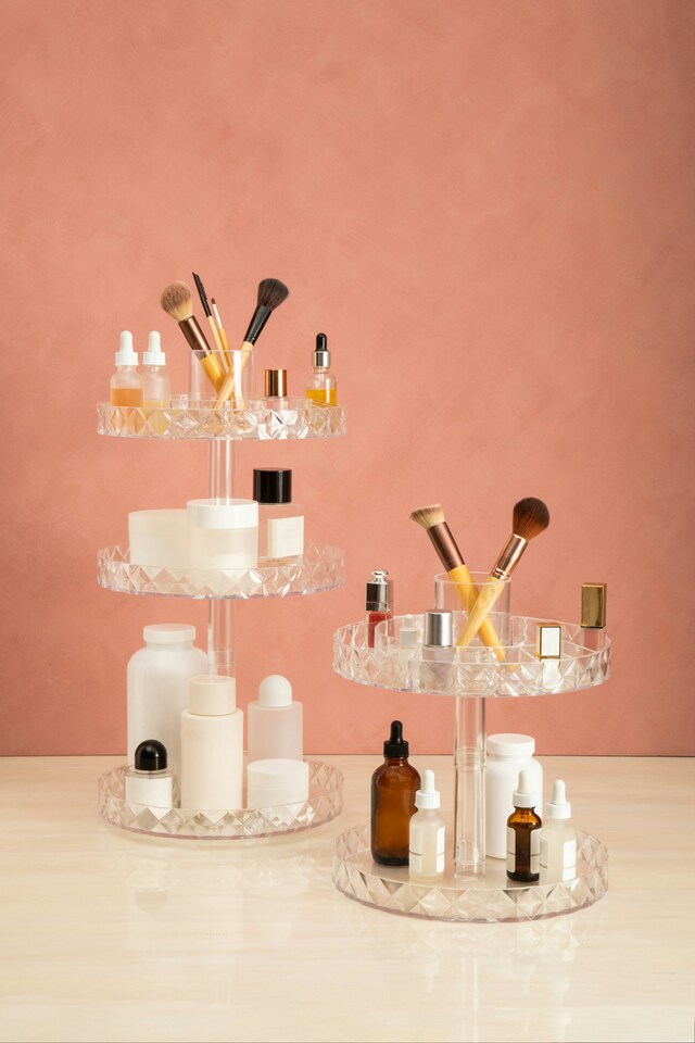 image 1 of Beauty Three Tier Revolving Cosmetic Organiser | Clear