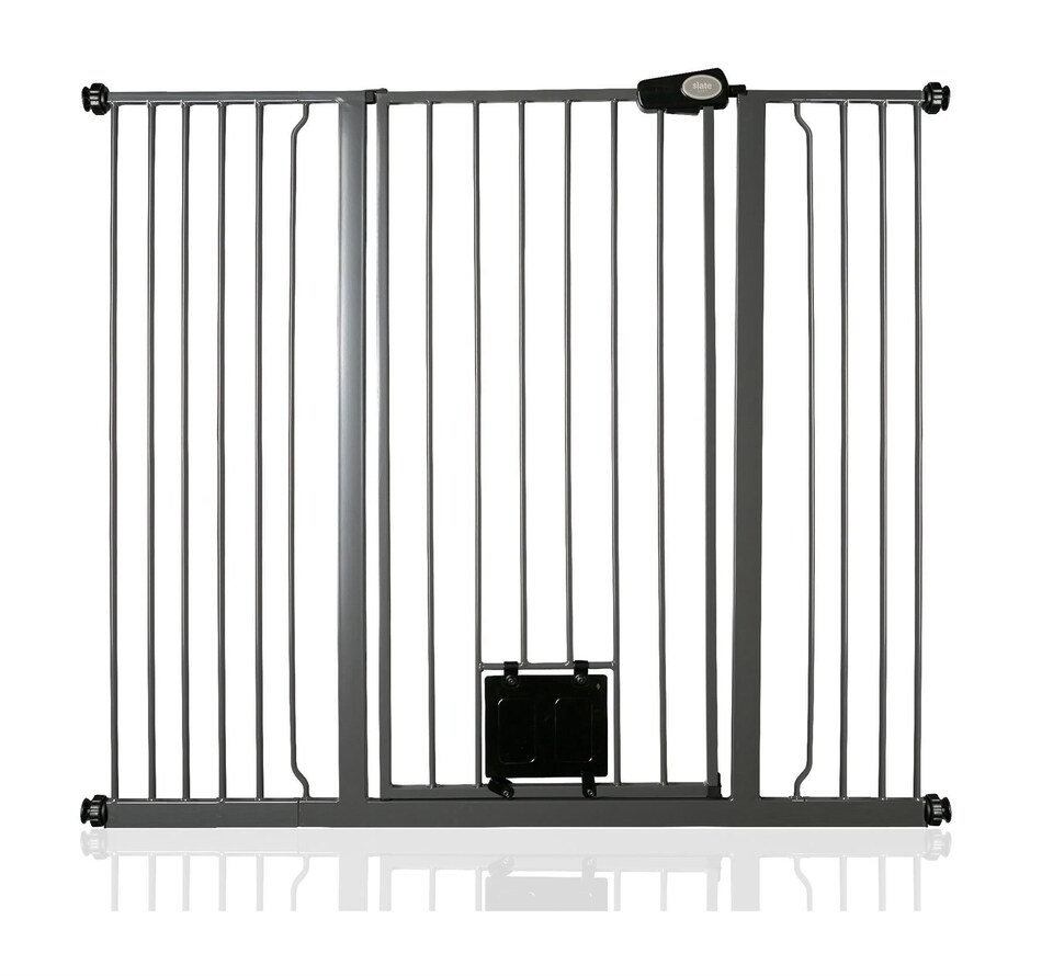 image 1 of Bettacare Pet Gate with Lockable Cat Flap, 126.7cm - 134.3cm, Slate Grey, 104cm in Height | Grey