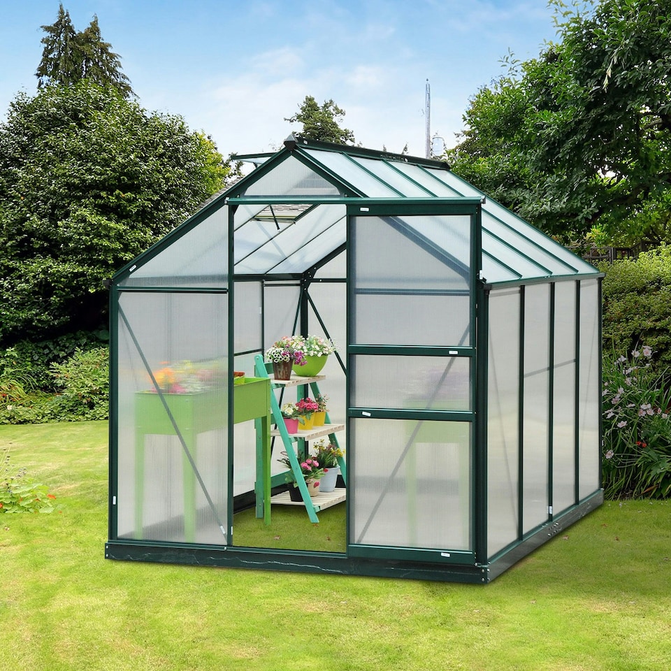 image 1 of Outsunny 6x8ft Walk-In Polycarbonate Greenhouse Plant Grow Galvanized Aluminium | Green | Dark Green | 190x252x201cm