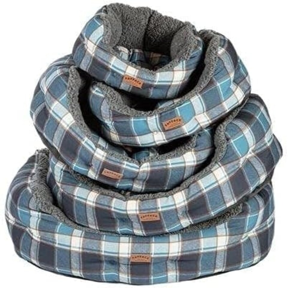 image 1 of Fatface Grey Fleece Blue Check Sustainable Recycled Fibre Deluxe Soft Dog/Puppy Slumber Bed 35 Inch
