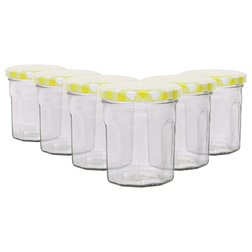 image 1 of Argon Tableware Glass Jam Jars with Yellow Gingham Lids - 150ml - Pack of 6