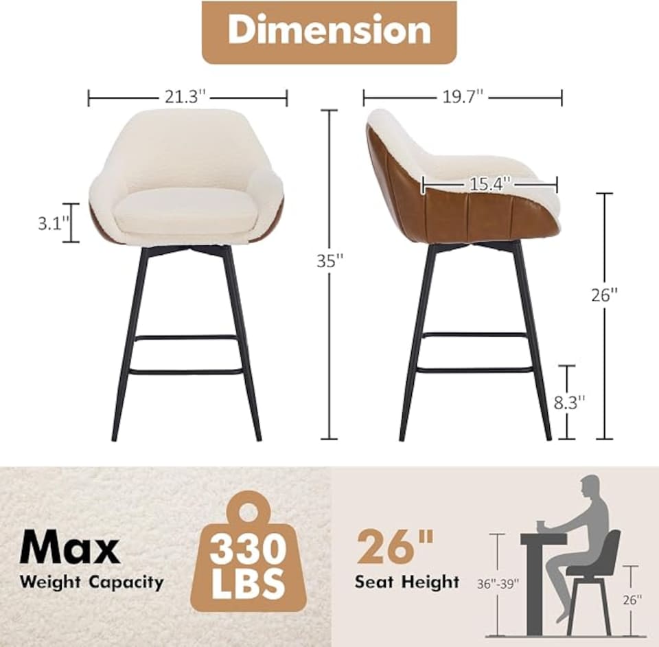 image 1 of London Boutique Set of 2 Swivel Counter Height Bar Stools, Plush Fabric Bar Chairs with Armrest and Footrest