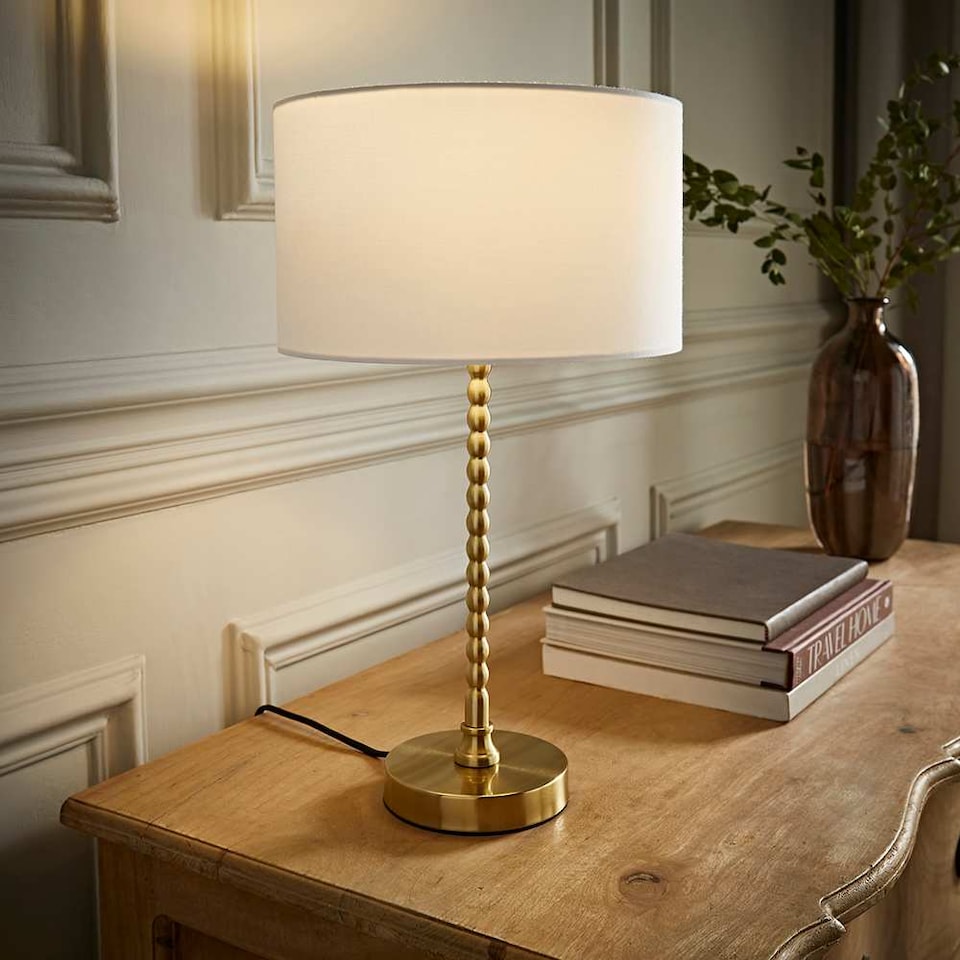 image 1 of ValueLights Maeve White Fabric Drum Lamp Shade Brushed Gold Bobbin Bobble Table Lamp | Gold