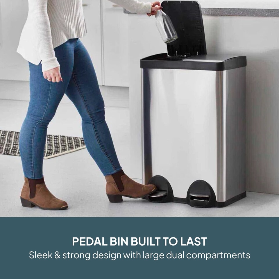 image 1 of Cooks Professional Dual Pedal Recycle Bin 60L with 2 x Compartments & Soft Close Lids | Silver