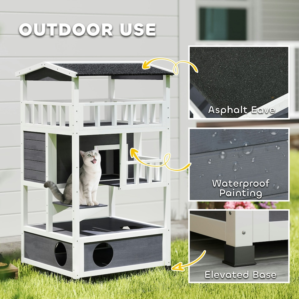 image 1 of PawHut Wooden Outdoor Cat House 3-Tier Kitten Shelter w/ Tilted Roof Grey