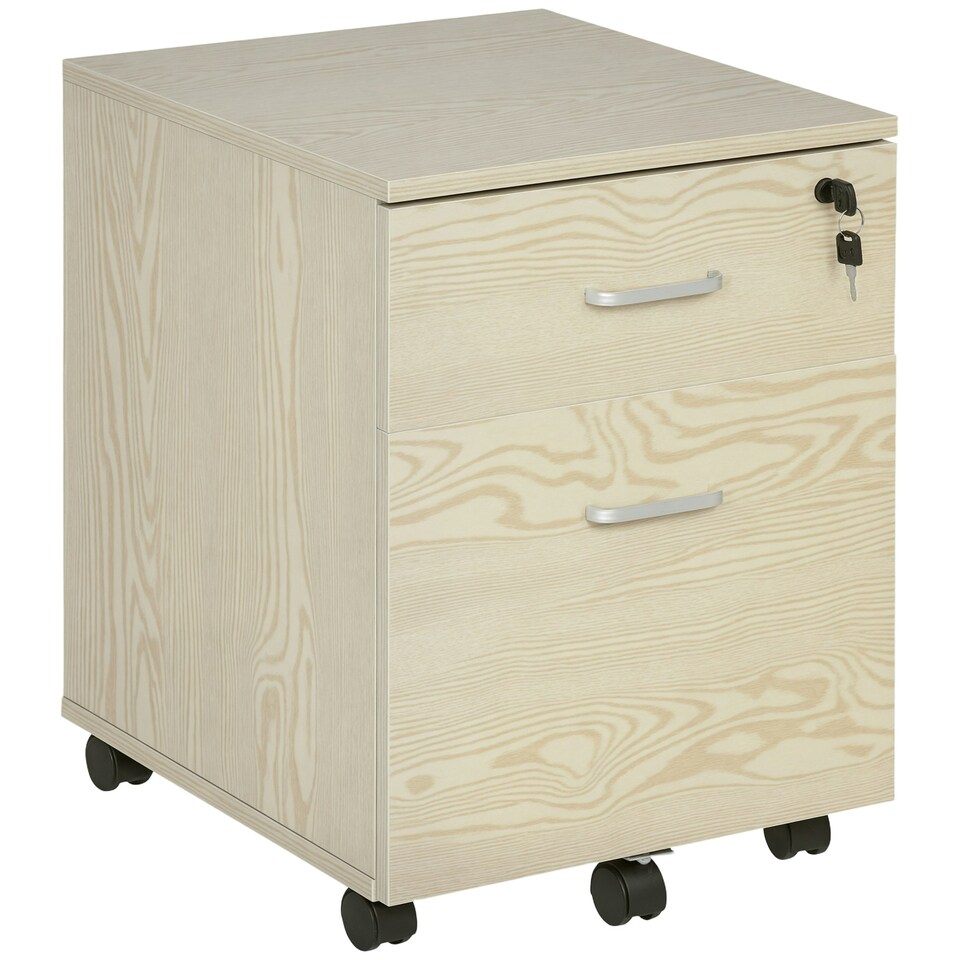 image 1 of Vinsetto 2-Drawer Locking Office Filing Cabinet 5 Wheels Rolling Storage Oak