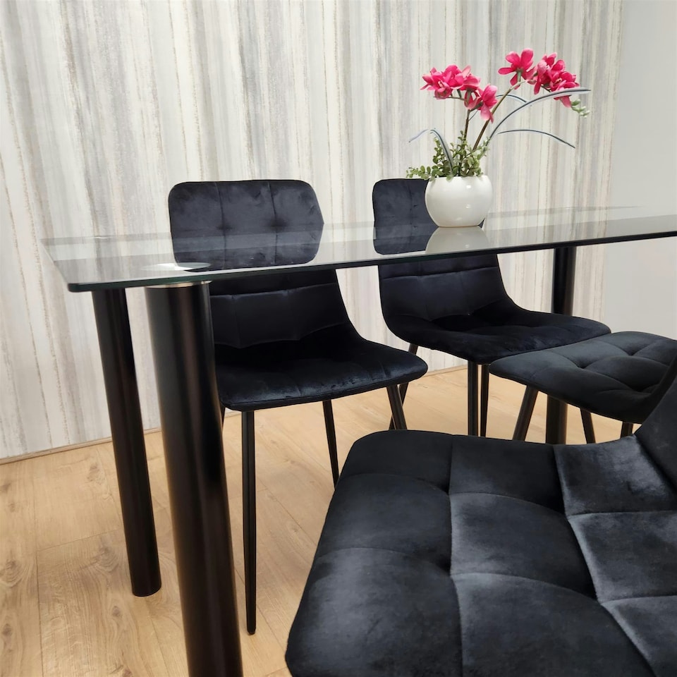 image 1 of Black Glass Dining Table Set With 4 Black Chairs For Dining Room And Kitchen Furniture | Black | One Size | 5