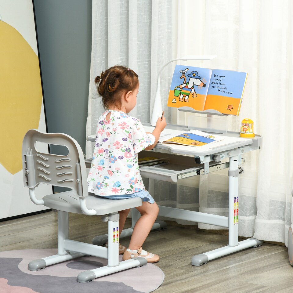 image 1 of HOMCOM Kids Desk and Chair Set, Height Adjustable Study Desk with USB Lamp | Grey