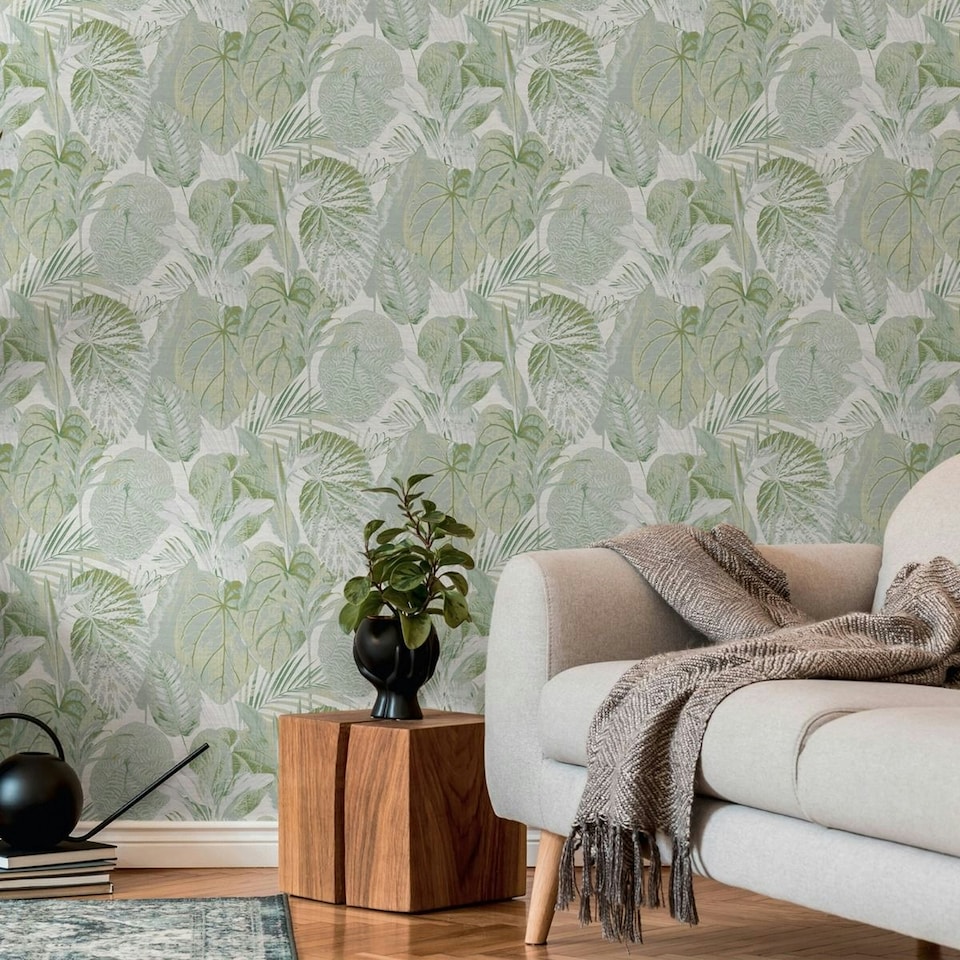 image 1 of AS Creation Famous Garden Tropical Leaves Textured Wallpaper - Green/Grey/Gold - 10m x 53cm Green