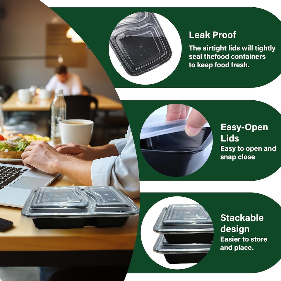 image 1 of 32oz Black 2 Compartment Meal Prep Containers With Lid Plastic Microwave Safe Food Storage Box 10pc