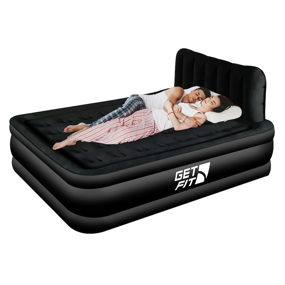 image 1 of Get Fit Air Bed With Built In Electric Pump - Premium Double Airbed - Quick Blow Up Bed With Headboard & 2 Free Inflatable Pillows - Air Mattress- Black Mono