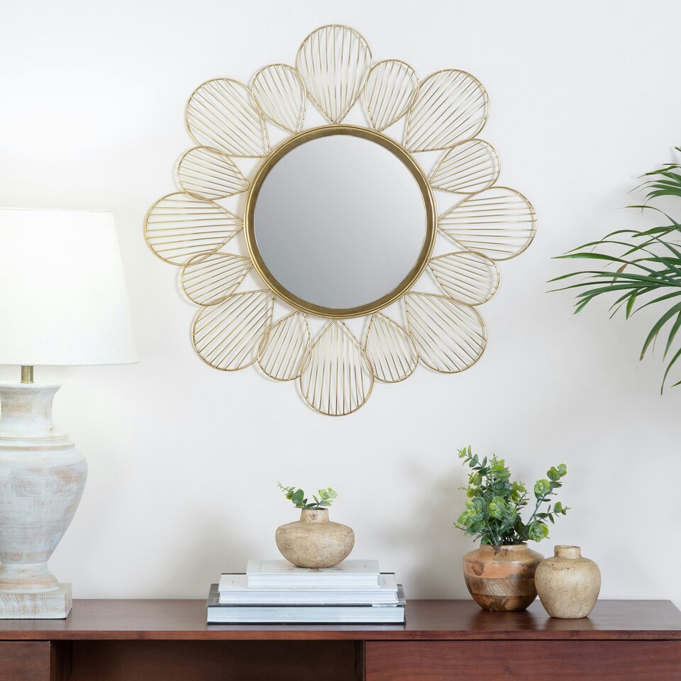 image 1 of Fine Decor MR3725W Adrina Floral Petal Metallic Mirror Gold Gold