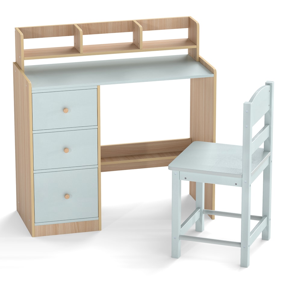 image 1 of COSTWAY Kids Study Desk and Chair Set Wooden Children Writing Desk