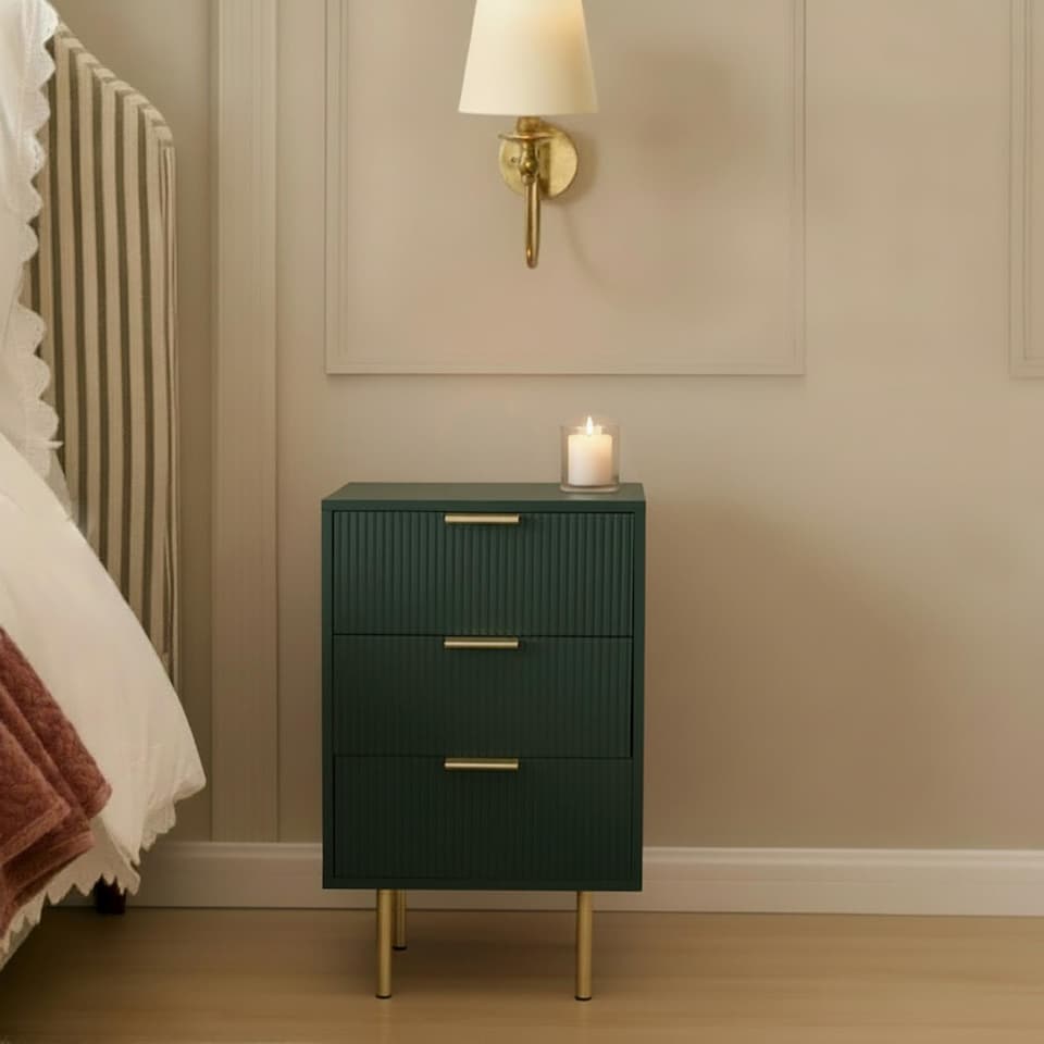 image 1 of OHS Ribbed Bedside Table Modern Bedroom 3 Draw Office Nightstand | Green | Dark Forest Green