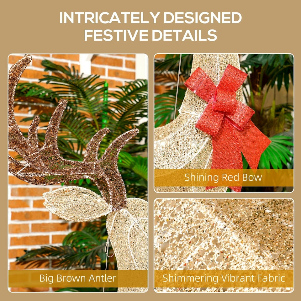 image 1 of Outsunny Lighted Reindeer Christmas Decoration w/ Stakes Zip Ties Gold Tone