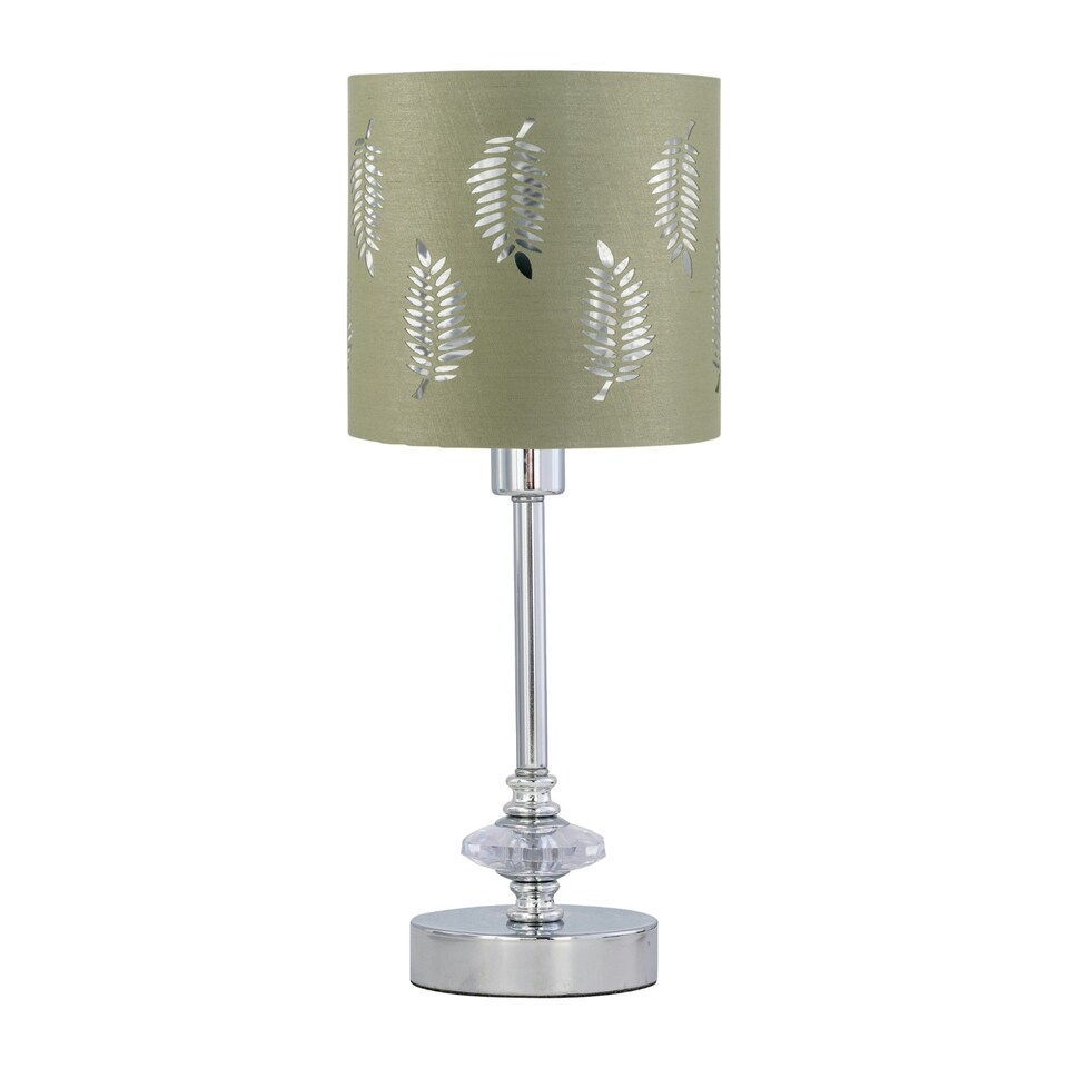 image 1 of Chrome Jewelled Table Lamp with Sage Green Fern Shade Chrome | Green