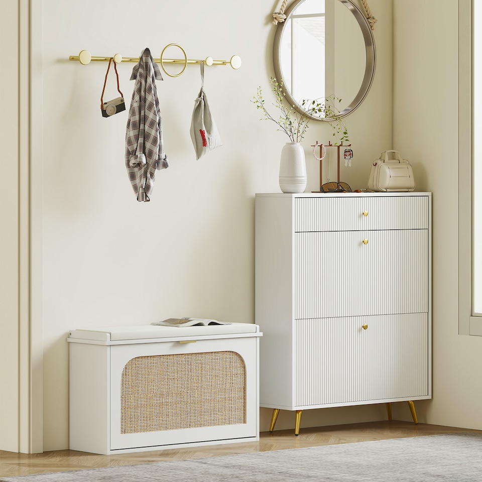 image 1 of HOMCOM Narrow Shoe Bench with Padded Seat and Flip-Drawer, Boho Shoe Storage Bench with Rattan Door and Adjustable Shelf for Hallway, Entryway, Holds 8 Pairs, White | White | White